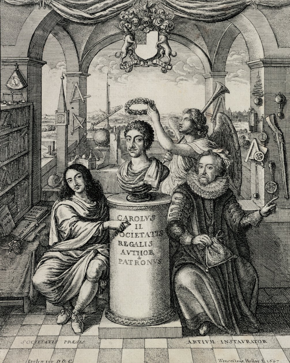 Charles II (1630-85) como patrono da Royal Society, gravado por Wenceslaus Hollar (1607-77) 1667 de John Evelyn
