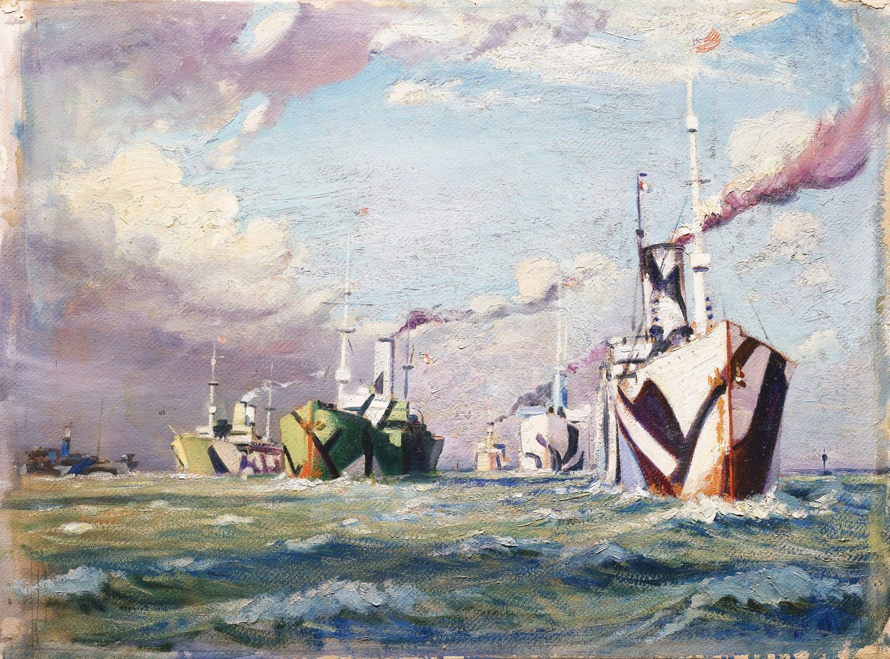 Um Cunarder (navio a vapor), c.1918 (óleo sobre cartão) de John Everett