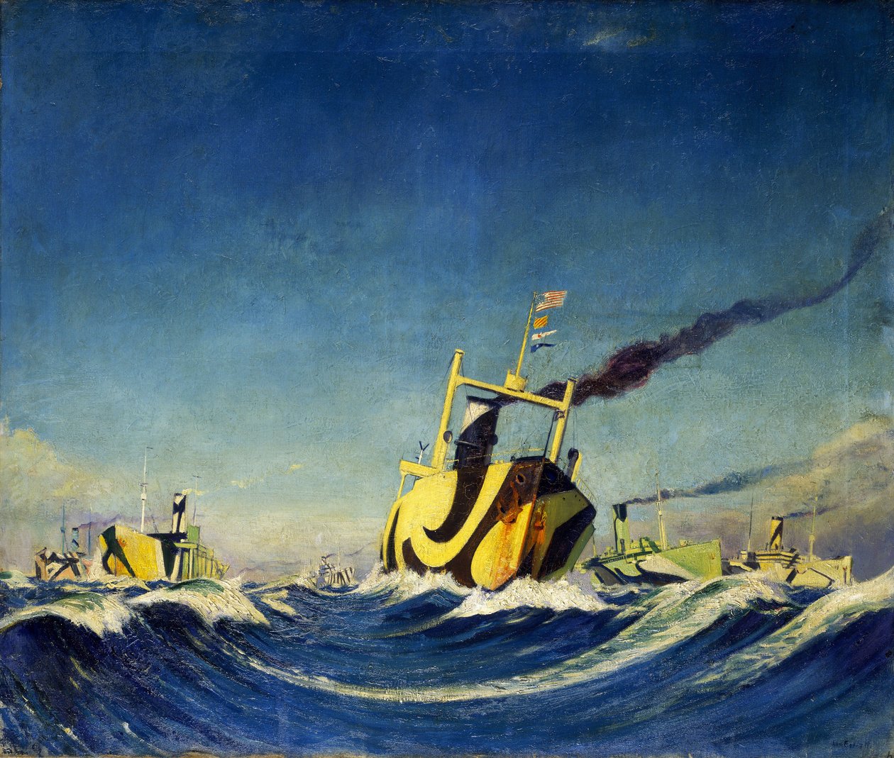 Um comboio de navios cujo casco está coberto com padrões utilizados para camuflagem durante a Primeira Guerra Mundial. de John Everett