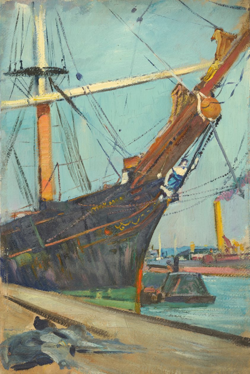 Um barco à vela, finais do século XIX - meados do século XX (óleo sobre papel) de John Everett