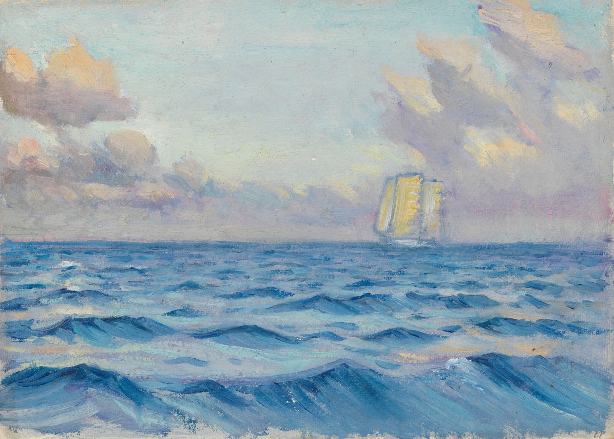 Um barco à vela, finais do século XIX - meados do século XX (óleo sobre papel) de John Everett