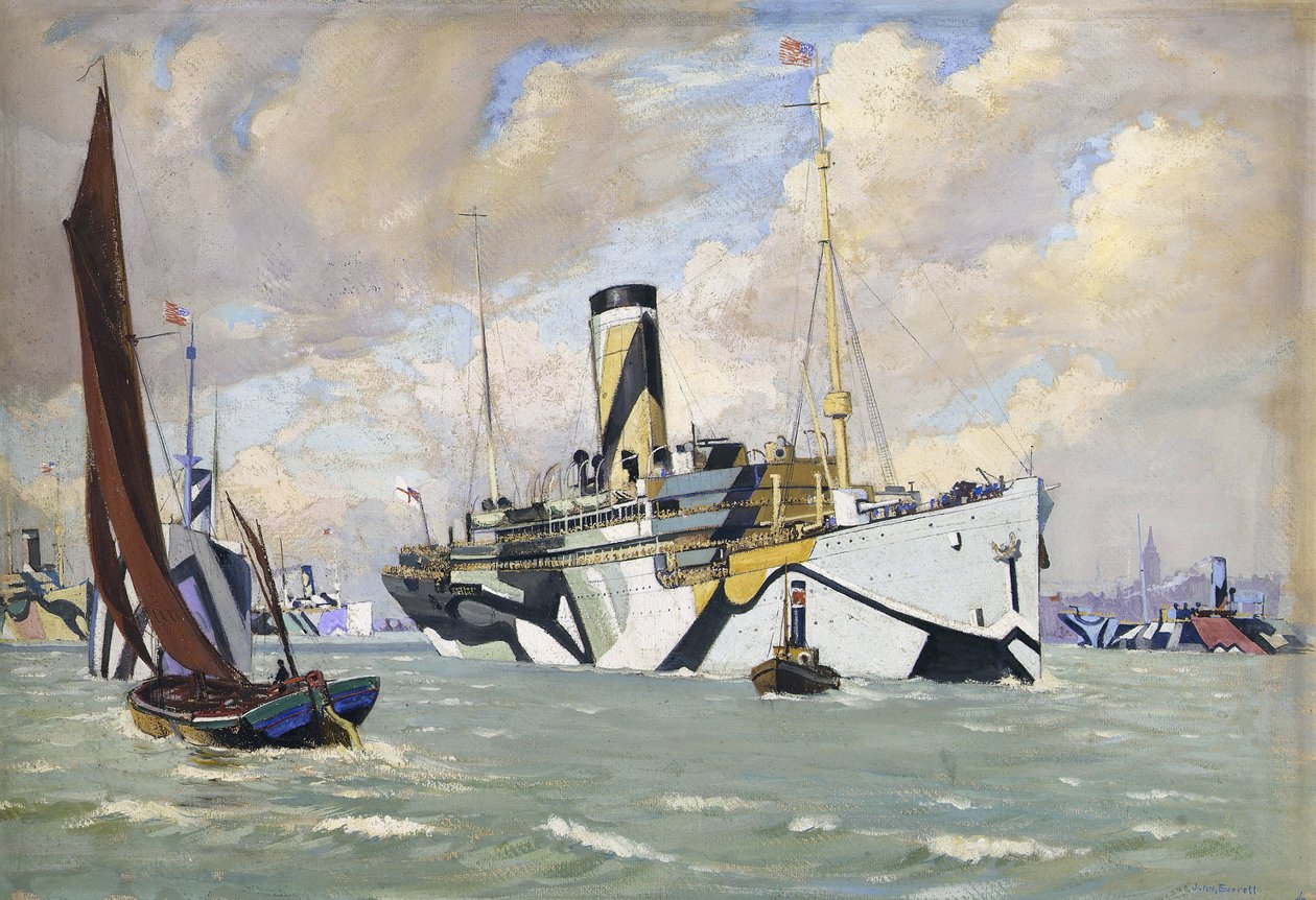 Um cruzador armado auxiliar que traz um comboio de tropas americanas para o Tamisa (Inglaterra) de John Everett