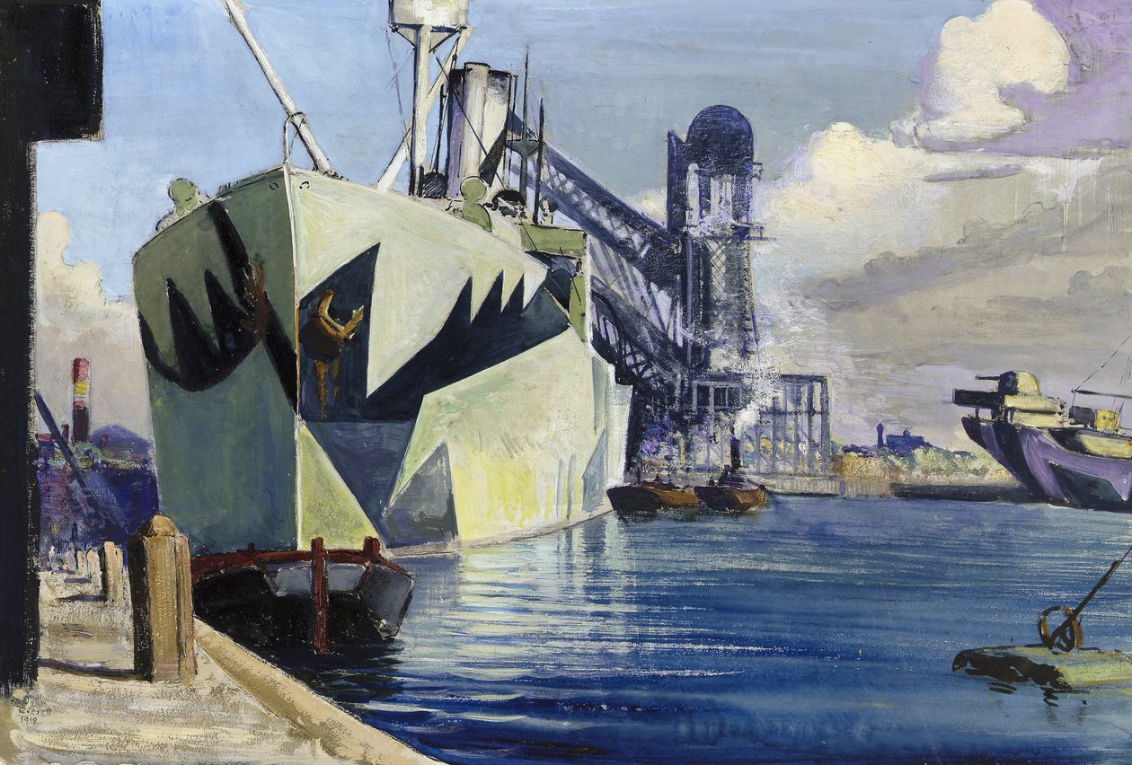 Doca do Canadá em Liverpool, com um navio de guerra ancorado, pintado com uma camuflagem colorida. Pintura de Herbert Barnard John Everett (1876-1949) de John Everett