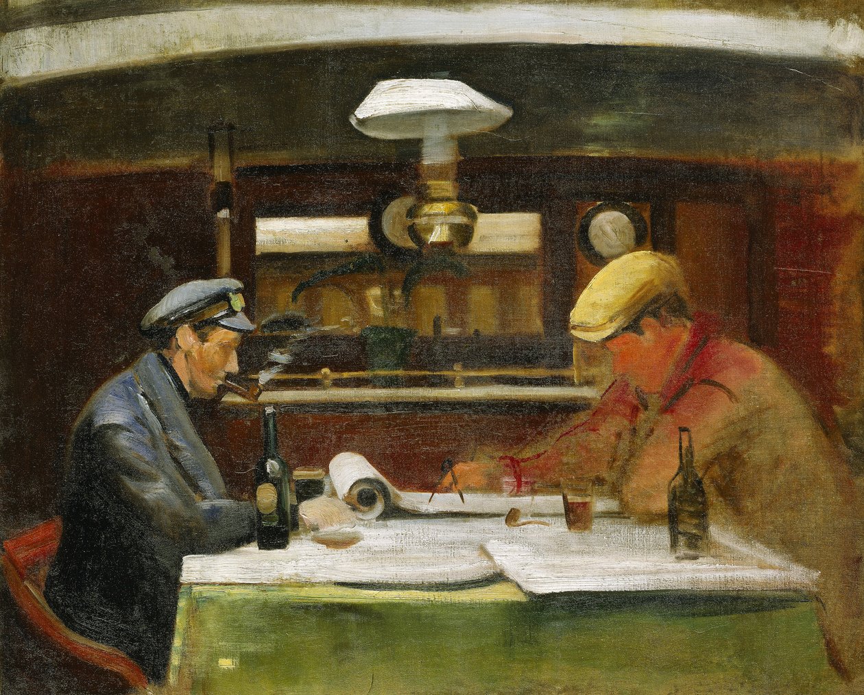 A bordo do "Birkdale", a sala de estar com o capitão Walmsley e o seu segundo comandante, o Sr. Macwatters, este navio transportou nitrato para a costa chilena entre 1892 e 1927 de John Everett