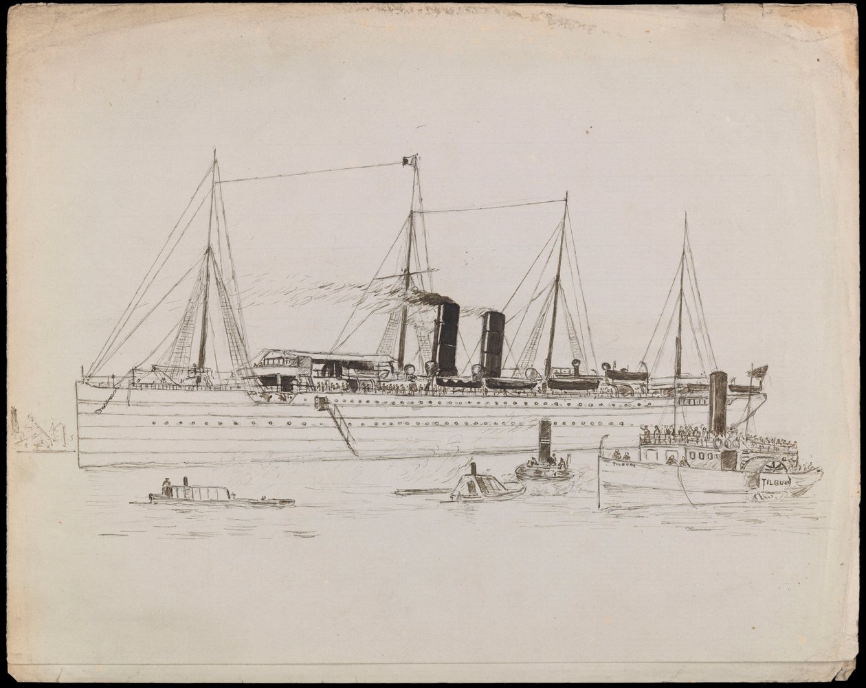 PAH1225; Navio a vapor perto de uma costa com um rebocador ao lado. Navio de passageiros com rebocador e navio a vapor de pás Tilbury nas proximidades (desenho) de John Everett