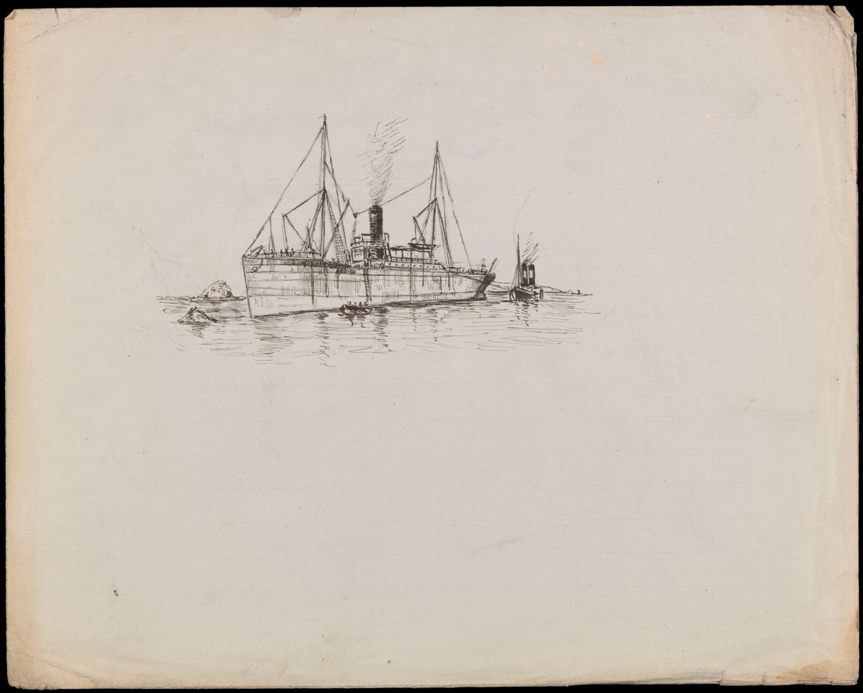 PAH1225; Navio a vapor perto de uma costa com um rebocador ao lado. Navio de passageiros com rebocador e navio a vapor de pás Tilbury nas proximidades (desenho) de John Everett