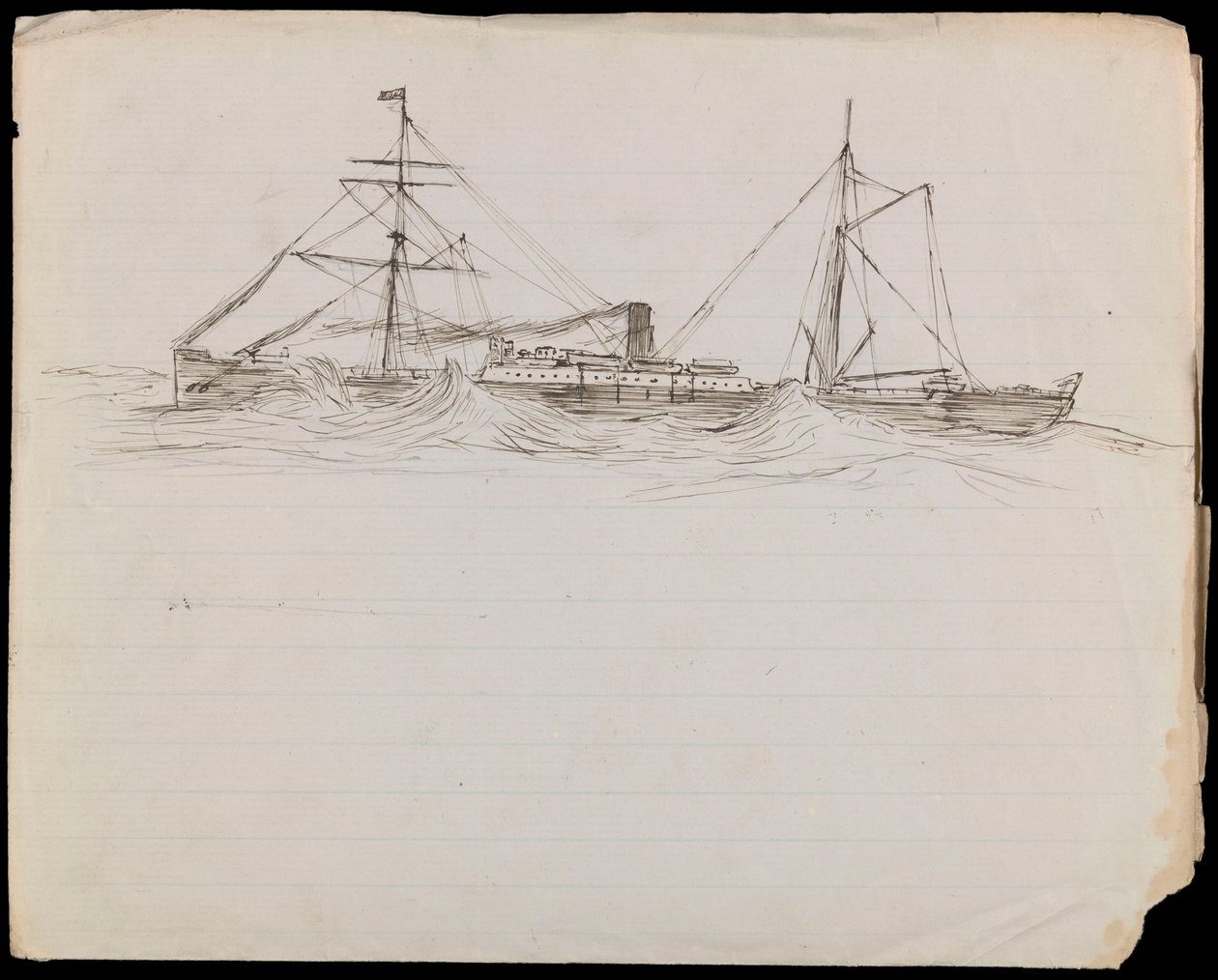 PAH1228; Esboços de um navio de guerra e de dois outros navios da Marinha Real (desenho) de John Everett