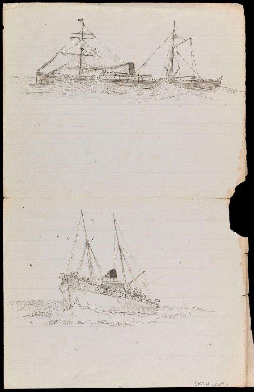 PAH1228; Esboços de um navio de guerra e de dois outros navios da Marinha Real (desenho) de John Everett