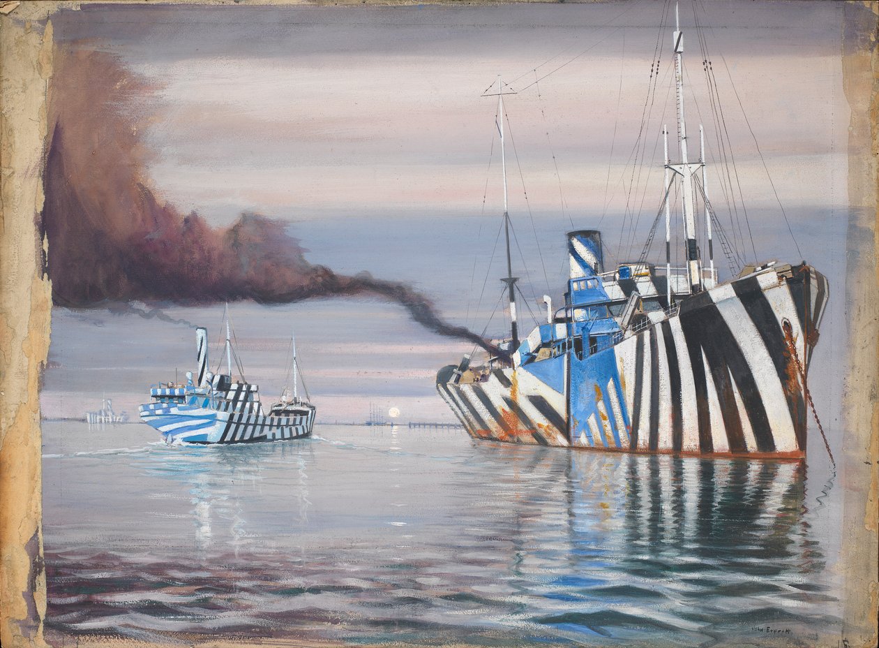 O S.S. Lepanto e outro navio a vapor, ambos pintados com cores deslumbrantes, ancorados em águas calmas de John Everett