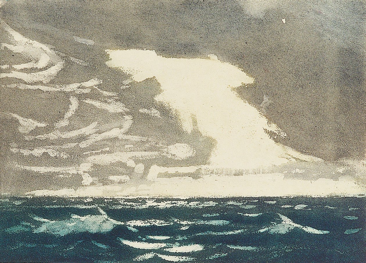 Paisagem marítima - mar verde e céu azul-acinzentado tempestuoso 2, séc. XX (água-tinta colorida) de John Everett