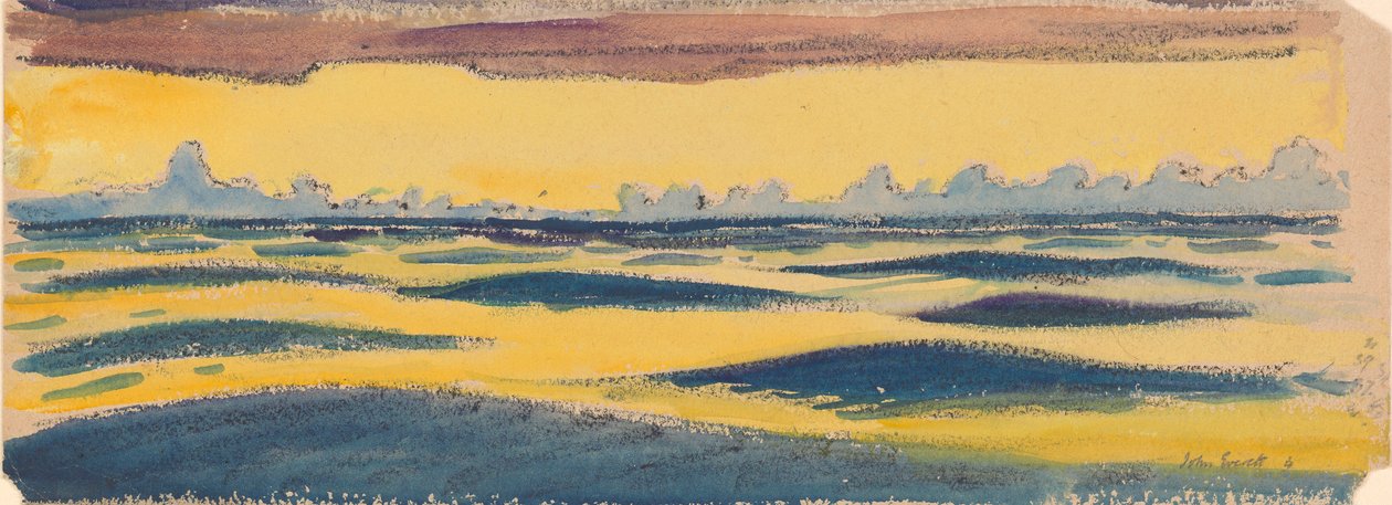 Paisagem marítima, azul escuro e nuvens amarelas e castanhas, finais do século XIX - meados do século XX (aguarela, grafite, pastel) de John Everett