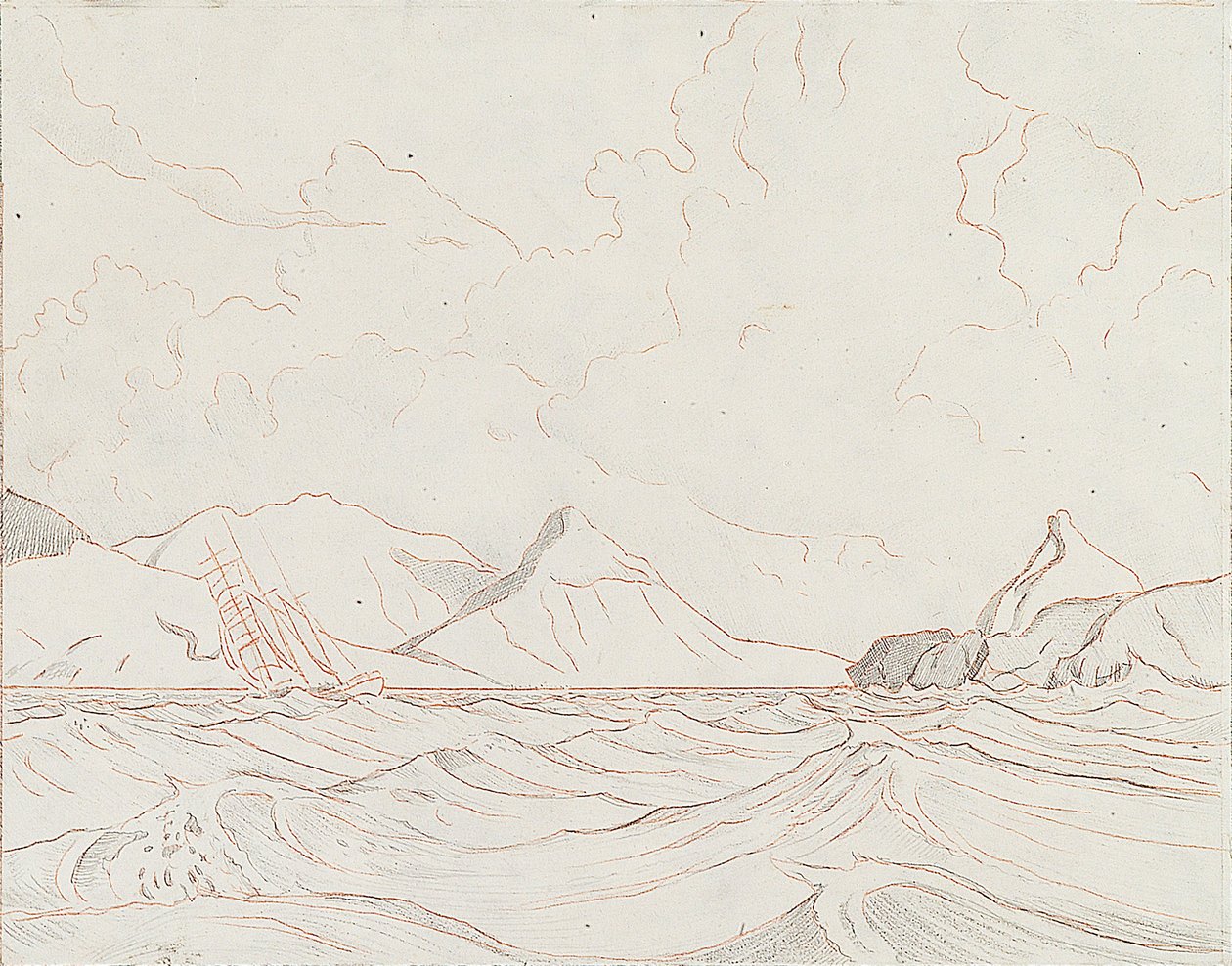 Paisagem marítima com embarcação a passar por terra (1), início do século XX (grafite, lápis de cor castanho) de John Everett