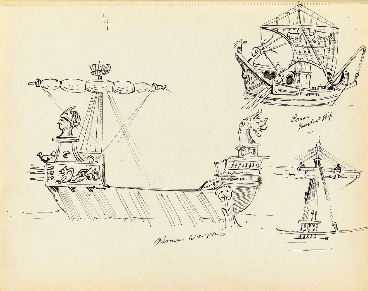 Esboço de um navio de guerra romano, de parte de um navio mercante romano e de uma embarcação com as velas colocadas, início do século XX (caneta, tinta preta) de John Everett