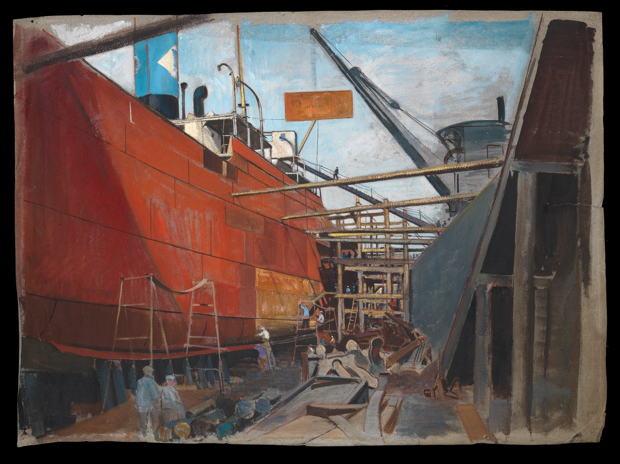 Navio a vapor em doca seca com trabalhadores a pintar o casco de John Everett