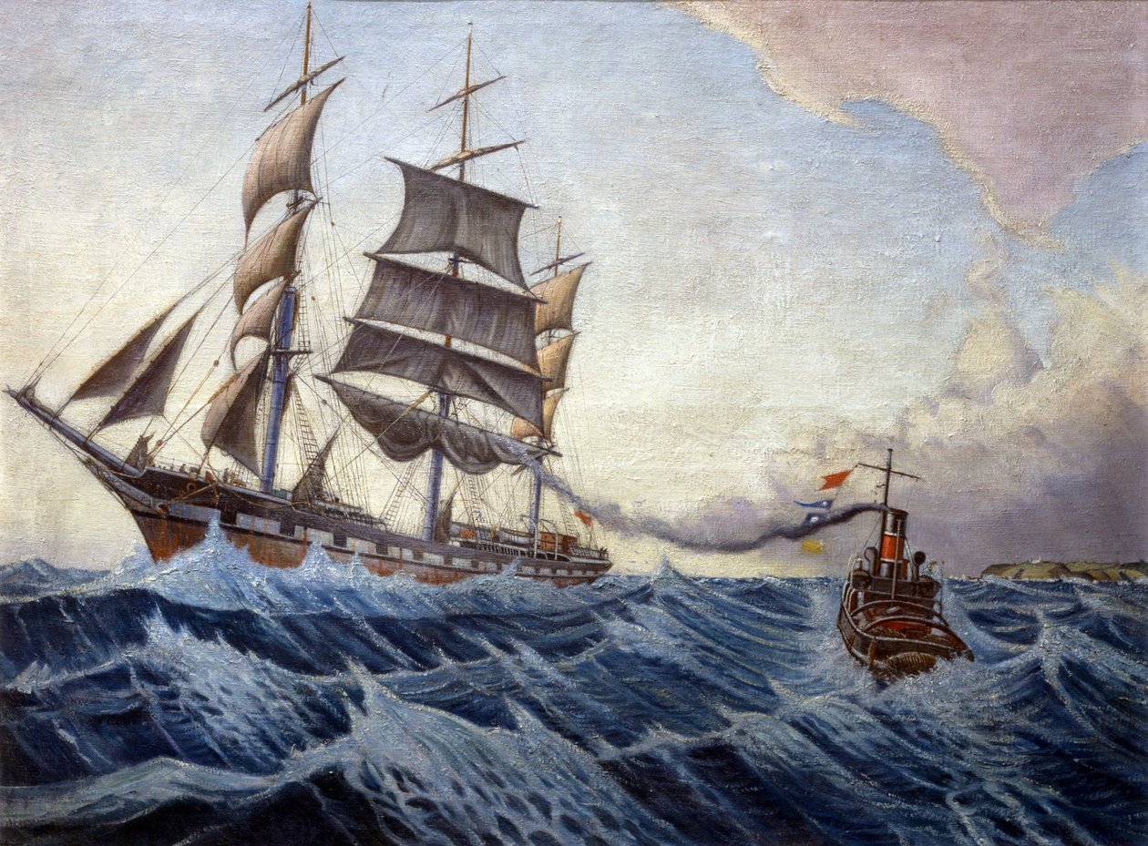 O "Iquique" e o rebocador "Warrior", no fundo da costa inglesa, numa viagem entre Londres, Inglaterra, e Sydney, Austrália, entre dezembro de 1898 e abril de 1899 de John Everett