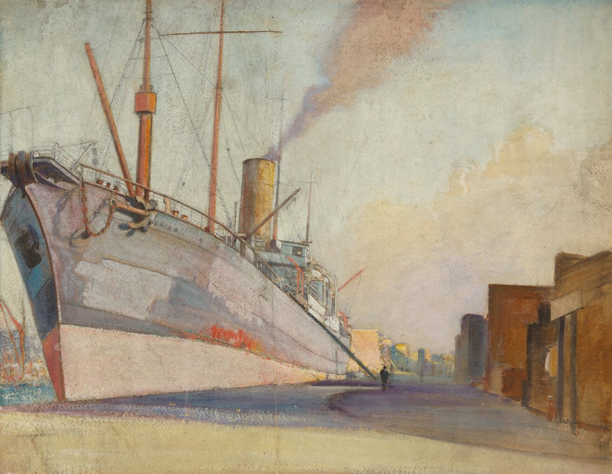 O navio lança-cabos "Telconia", c.1910-30 (óleo sobre papel) de John Everett