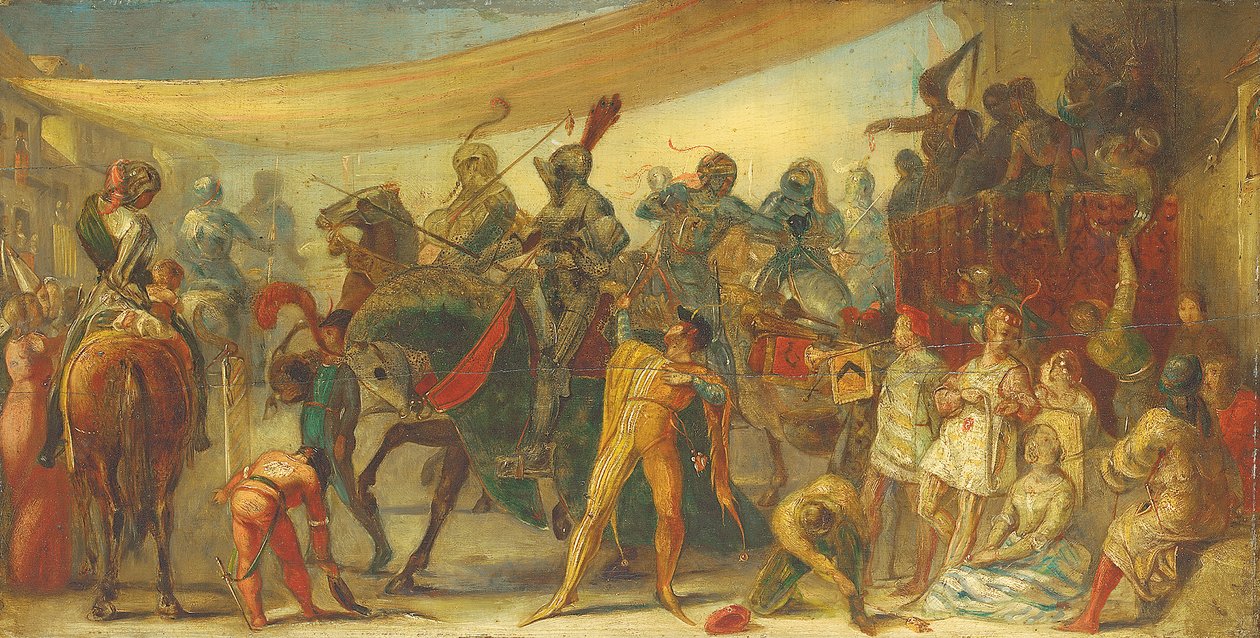 Cavaleiros se preparando para um torneio de John Everett Millais