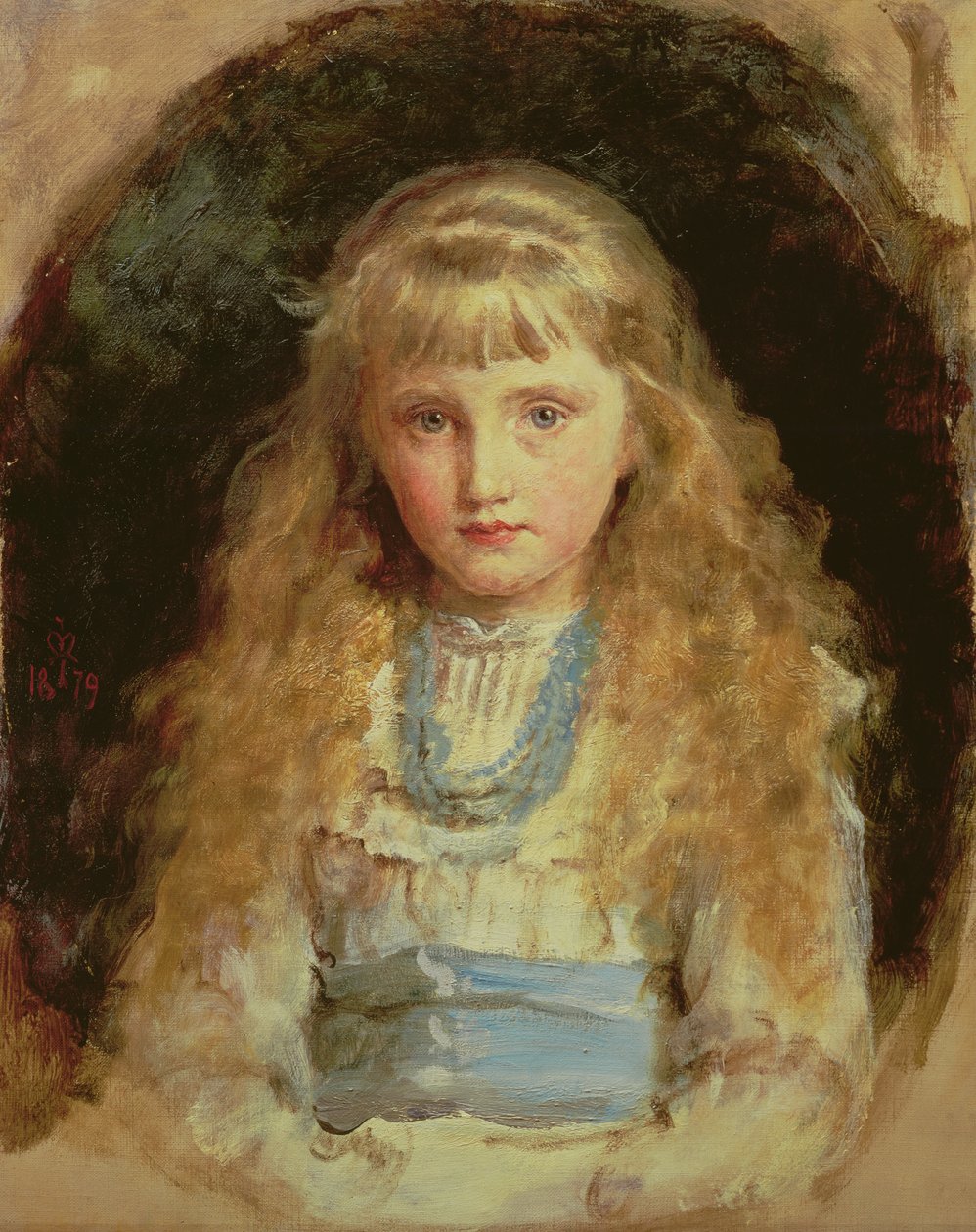 Retrato de Beatrice Caird usando um vestido branco com uma faixa azul de John Everett Millais