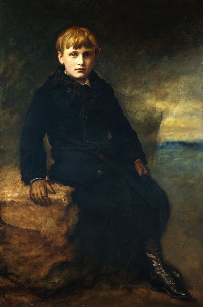 Retrato de Cecil Webb, sentado de corpo inteiro, vestindo um casaco preto com gola de pele, 1887 de John Everett Millais