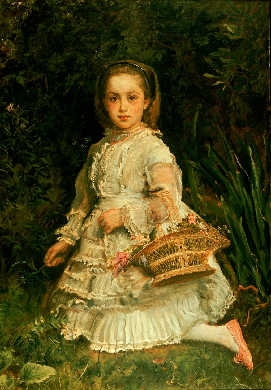 Retrato de Gracia, comprimento total, usando um vestido branco, colhendo flores silvestres de John Everett Millais