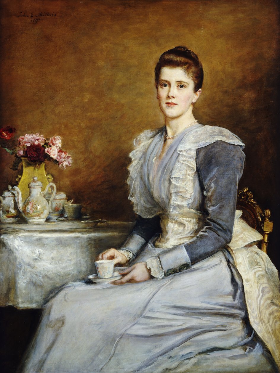 Retrato da Sra. Joseph Chamberlain, sentado três quartos em uma mesa de chá, usando um vestido cinza e branco, 1891 de John Everett Millais
