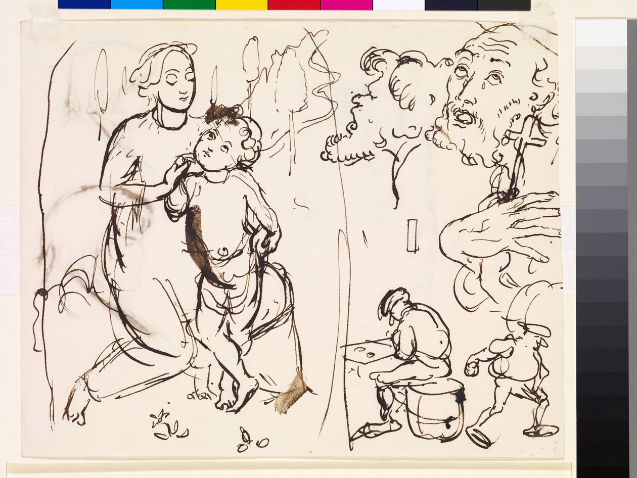 Folha de estudos caricaturando o estilo pós-raphaelesque, 1853 de John Everett Millais