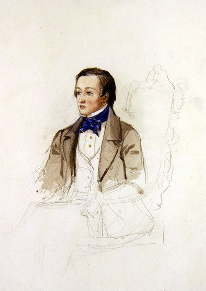 Estudo para retrato de R. Stephens do Merton College, Oxford, c.1850 (lápis & aquarela sobre papel) de John Everett Millais