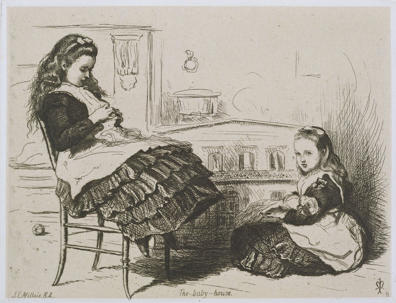 The Baby House, número 9 de uma série de gravuras para a Art Union of London do Etching Club (gravura em papel de prova da Índia sobre papel de capa) de John Everett Millais