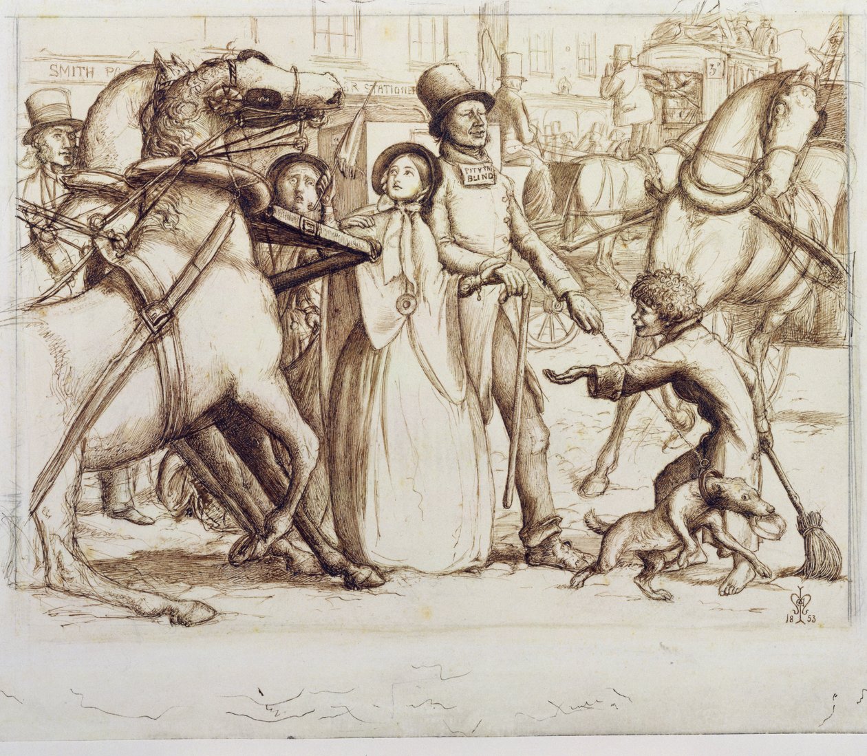 The Blind Man, 1853 (caneta, tinta, lavagem e grafite em papel de capa) de John Everett Millais