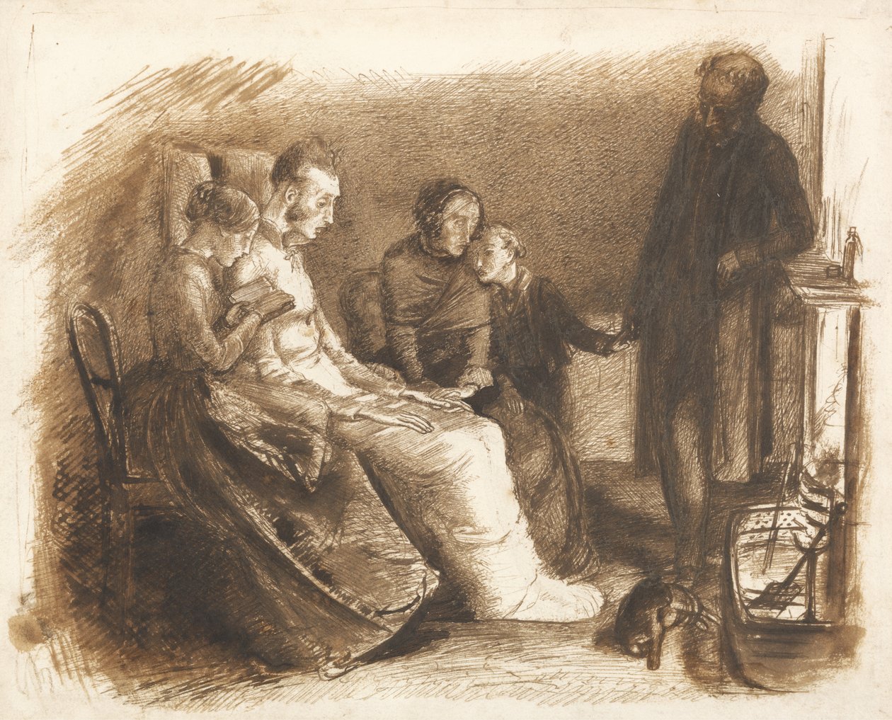 O moribundo, c.1853 (caneta e pincel e tinta marrom no papel) de John Everett Millais