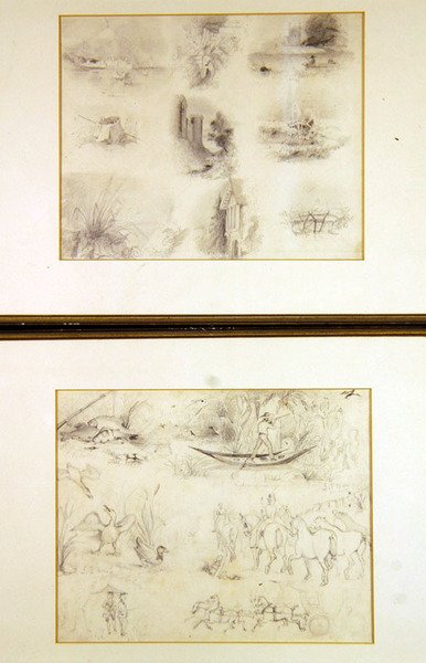 Vários esboços de cenas do campo (juvenil), c.1842 (lápis sobre papel) de John Everett Millais