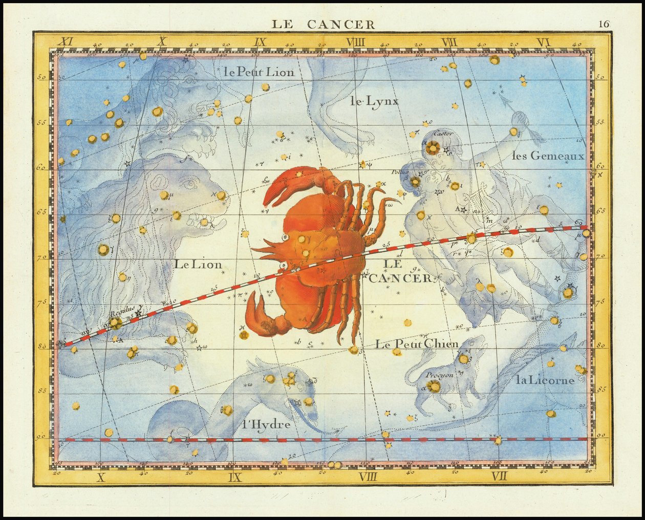 Mapa de 1776 da constelação de Câncer e constelações vizinhas, do Atlas Celeste de Flamsteed, de Fortin de John Flamsteed