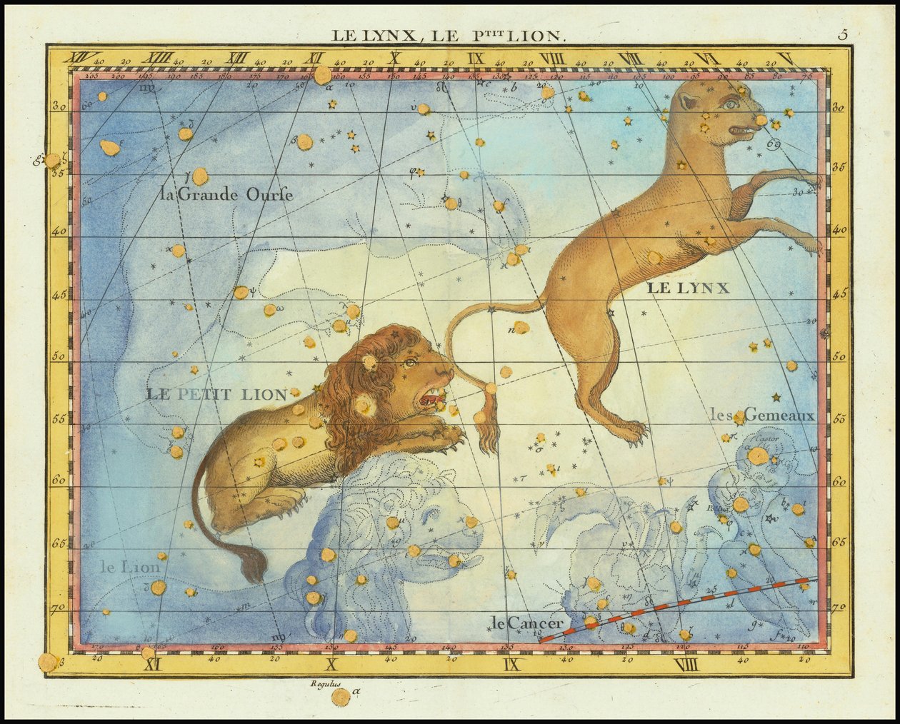 Mapa estelar de 1776 da constelação de Leão, do Atlas Celeste de Flamsteed de Fortin de John Flamsteed