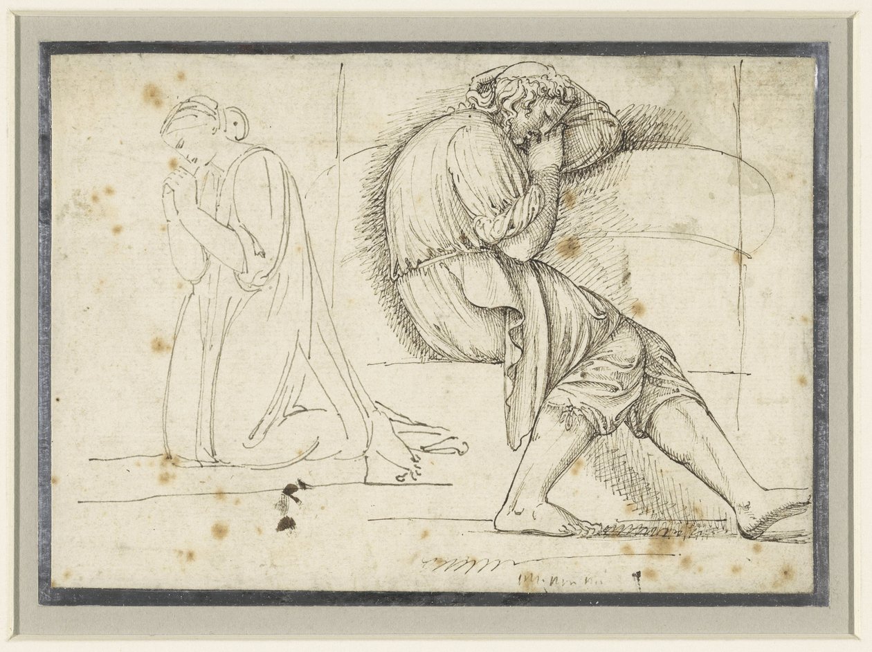 Folha de estudo com um jovem adormecido e uma mulher ajoelhada a rezar de John Flaxman (II)