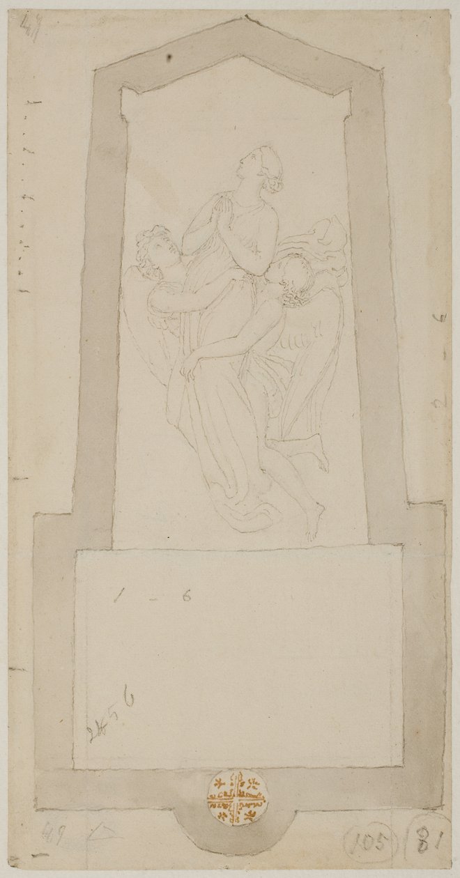 Um espírito falecido elevado por dois anjos de John Flaxman