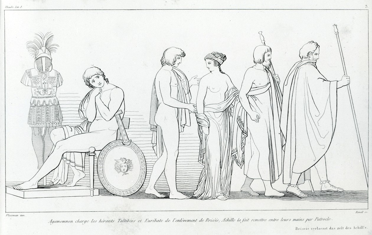 Agamémnon acusou os arautos Taltibius e Euribat do rapto do Briseis; Aquiles mandou entregá-lo às suas mãos por Patrulhas. Desenho de John Flaxman (1755 - 1826). A Ilíada de Homero. Cantando I de John Flaxman