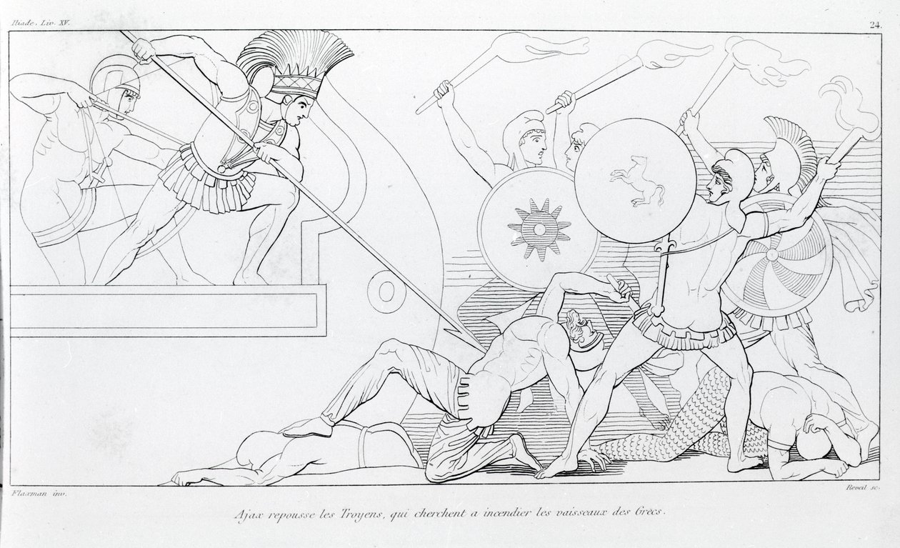 Ajax repele os troianos que procuram queimar os navios gregos. Desenho de John Flaxman (1755 - 1826). A Ilíada de Homero. Cantando XV. de John Flaxman