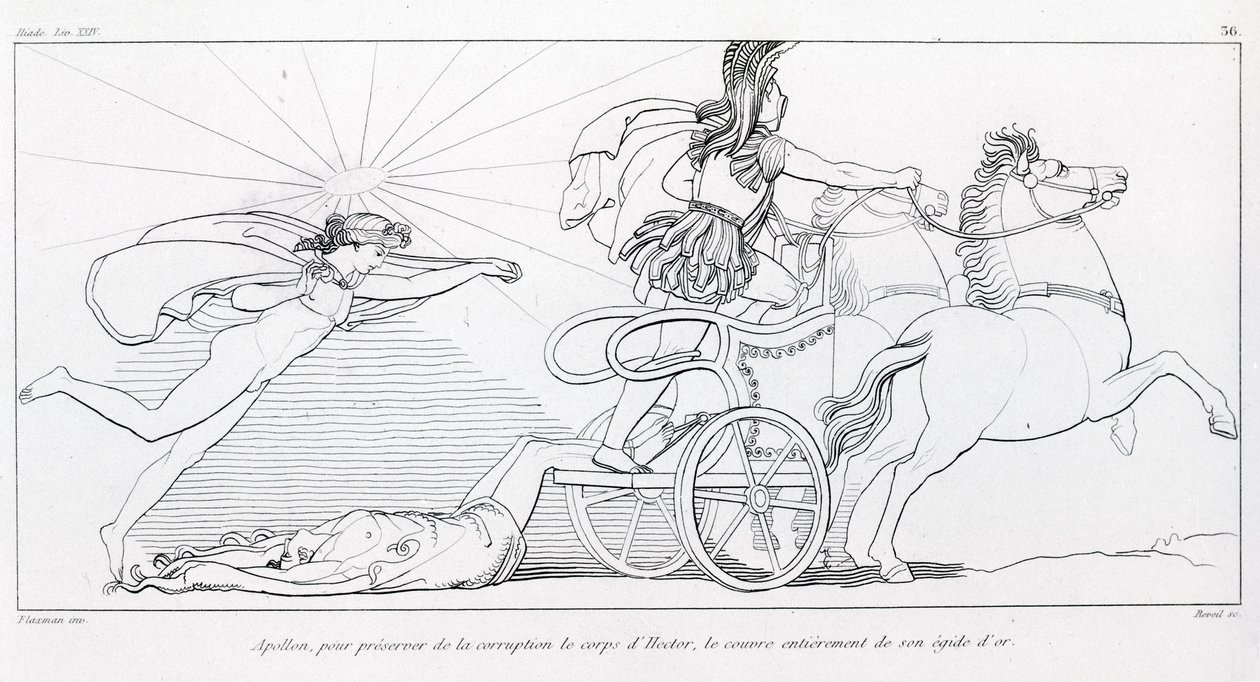 Apolo, deus do Sol, para preservar o corpo de Hector, cobre-o inteiramente com a sua ágide dourada. Cantando XXIV. Desenho de John Flaxman (1755 - 1826). A Ilíada de Homero. de John Flaxman