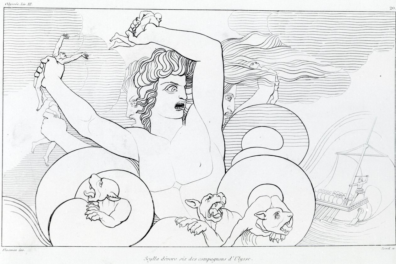 Episódio de Charybde e Scylla: seis dos companheiros de Ulisses são devorados. Desenho de John Flaxman (1755 - 1826). A Odisséia de Homero. Canção XII. de John Flaxman