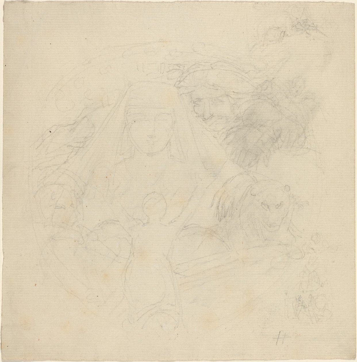 Figura vista por trás rezando para a aparição de uma cabeça com leões abaixo de John Flaxman