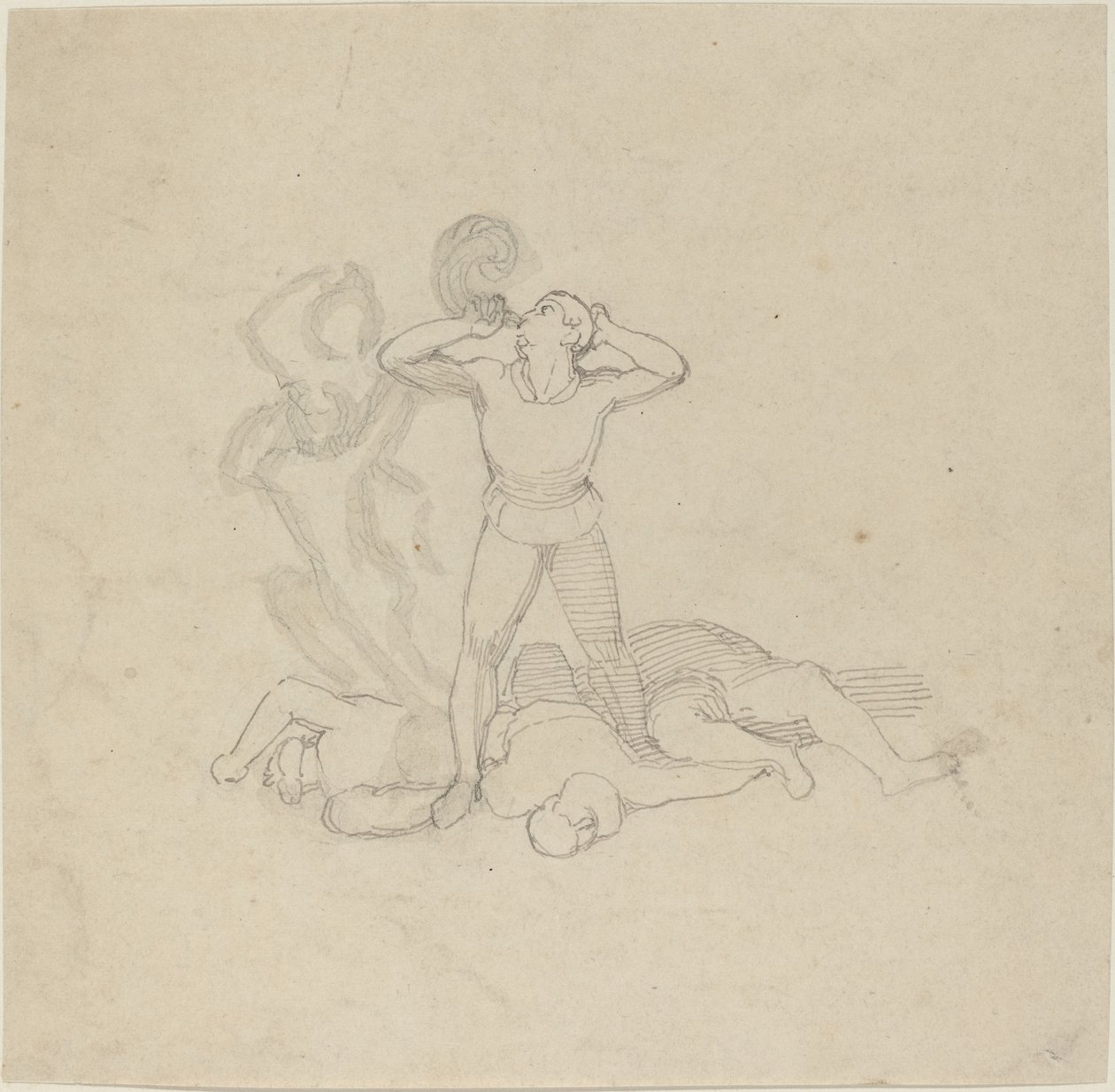 Figura de pé sobre cadáveres, soprando uma buzina de John Flaxman