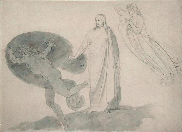 Get Thee Behind Me, Satan, c.1783-87 (lápis, caneta, tinta e papel) de John Flaxman