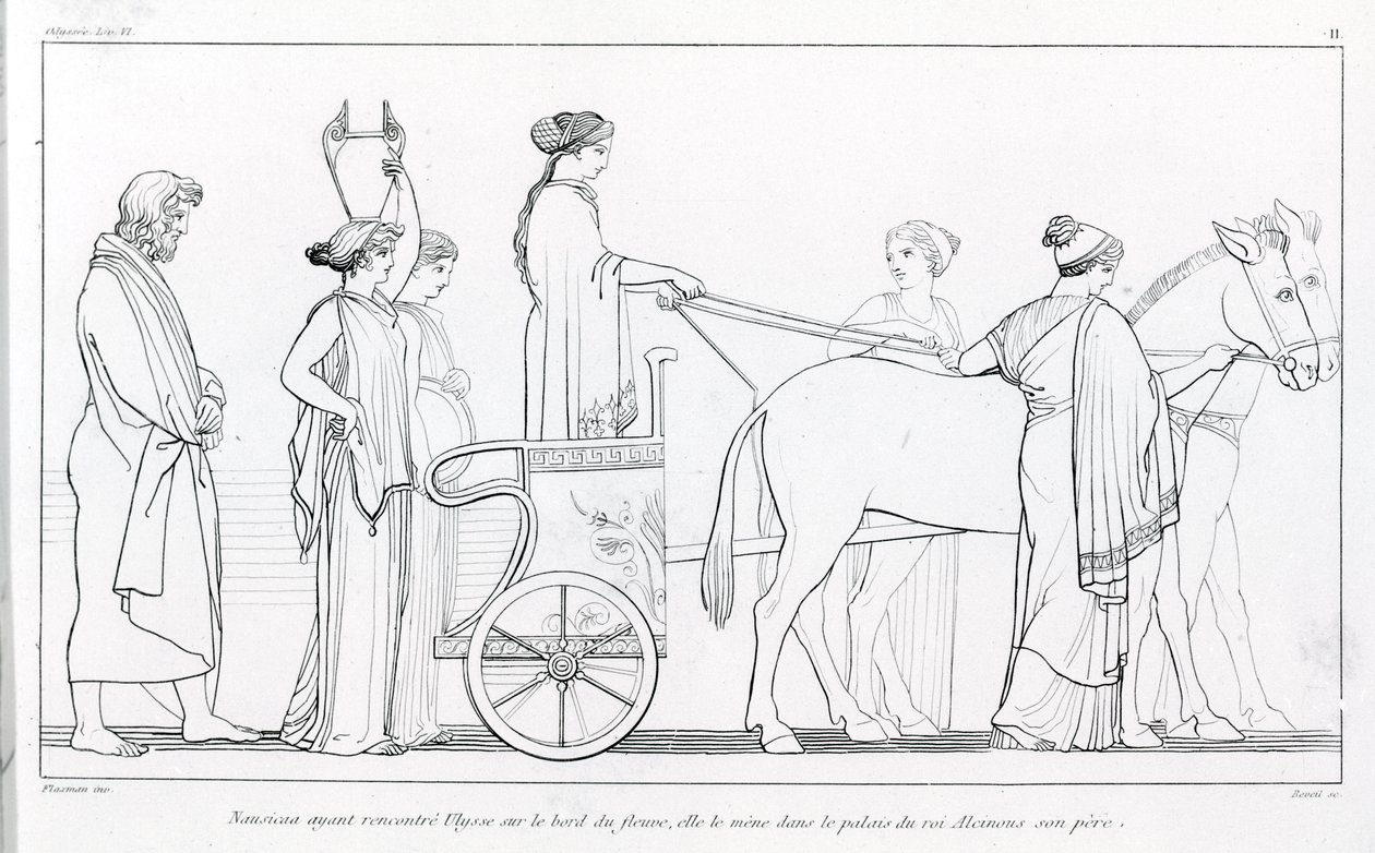Nausicaa, que acabou de conhecer Ulisses, leva-o de volta ao palácio do seu pai, o rei Alkinoos. Desenho de John Flaxman (1755 - 1826). A Odisséia de Homero. Canção VI. de John Flaxman
