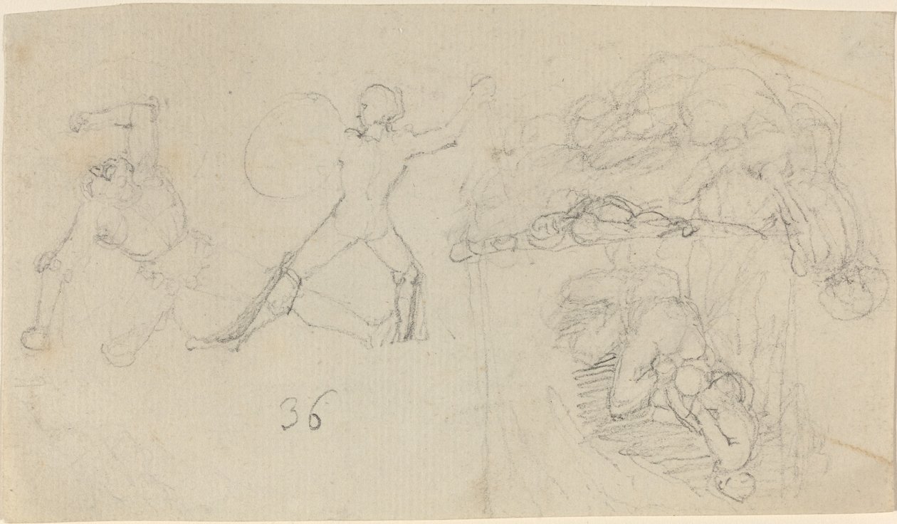 Folha de esboços, incluindo dois guerreiros lutando de John Flaxman