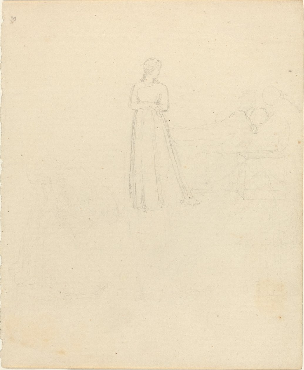 Figura feminina em pé olhando para figuras reclinadas e sentadas de John Flaxman