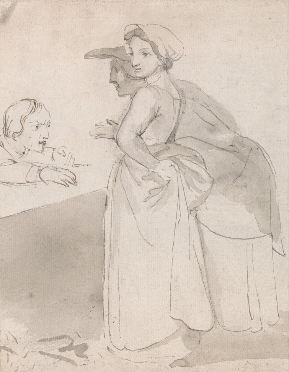 Duas mulheres a falar com um homem num balcão de John Flaxman