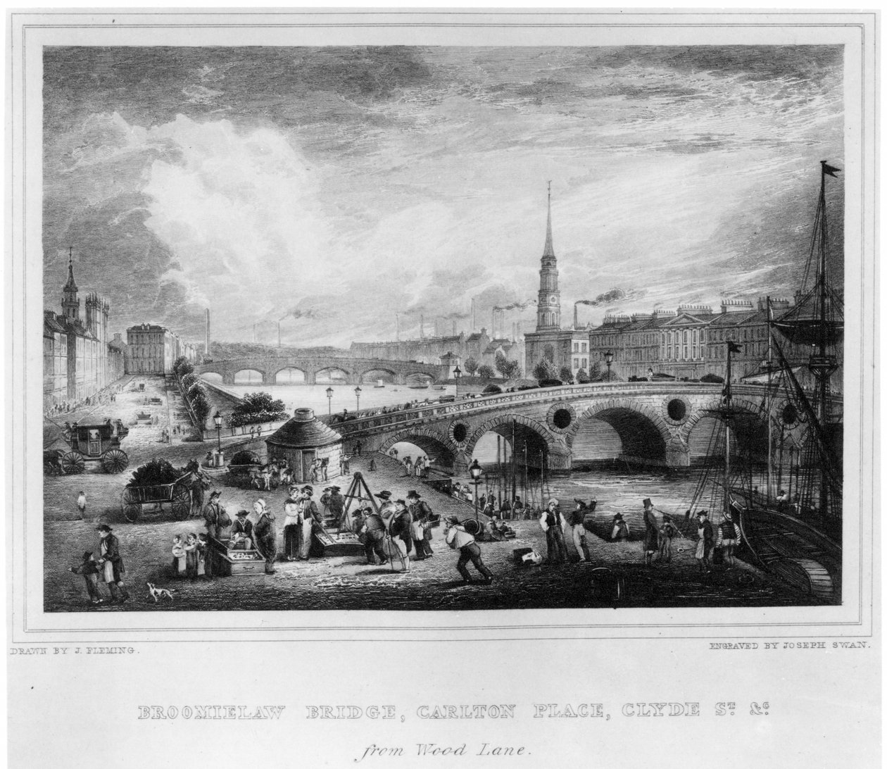 Ponte Broomielaw, Carlton Place, Clyde St., Glasgow, gravado por Joseph Swan, 1830 (gravura) de John Fleming