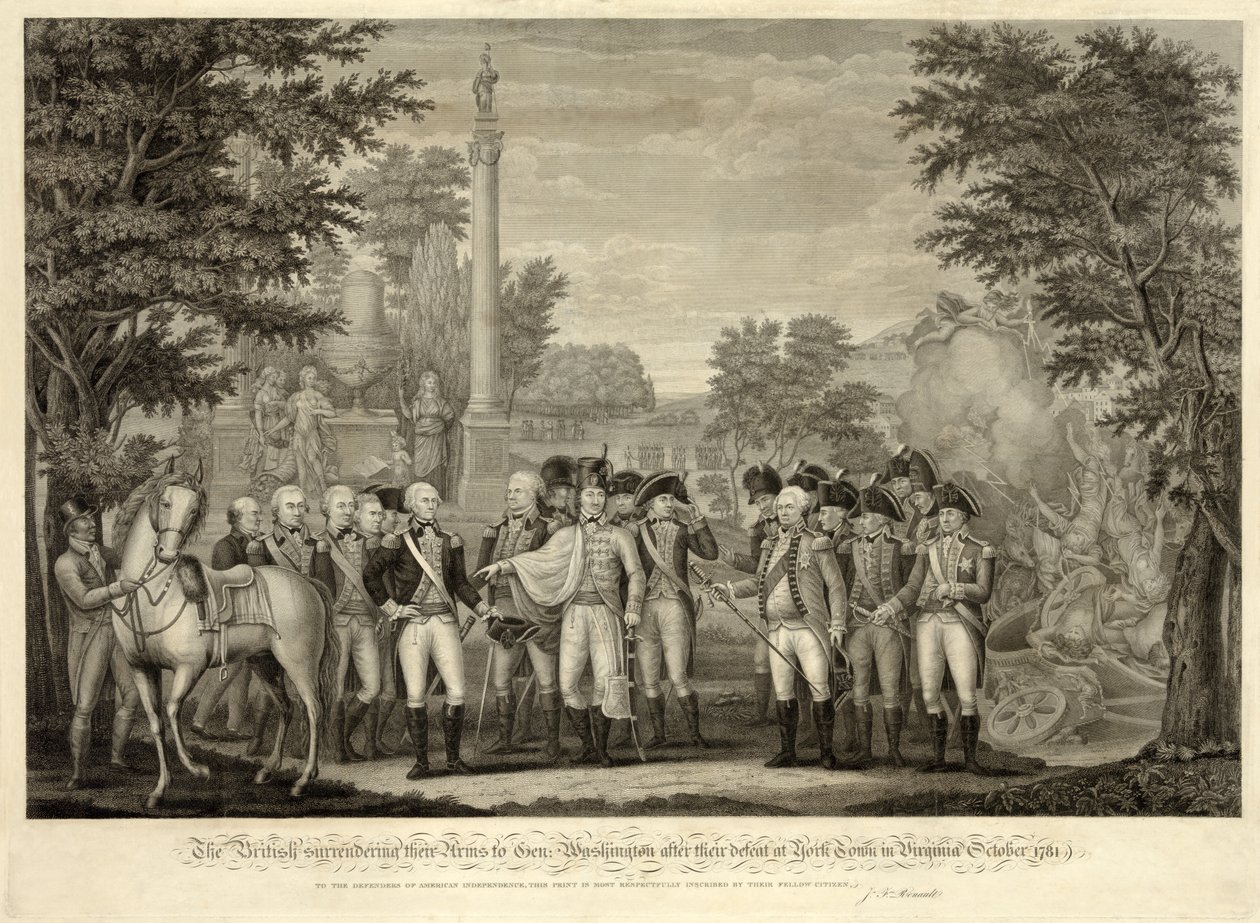 Os britânicos entregam suas armas ao General Washington após sua derrota em York Town, na Virgínia, em outubro de 1781, pub. 1819 (gravura) de John Francis (after) Renault