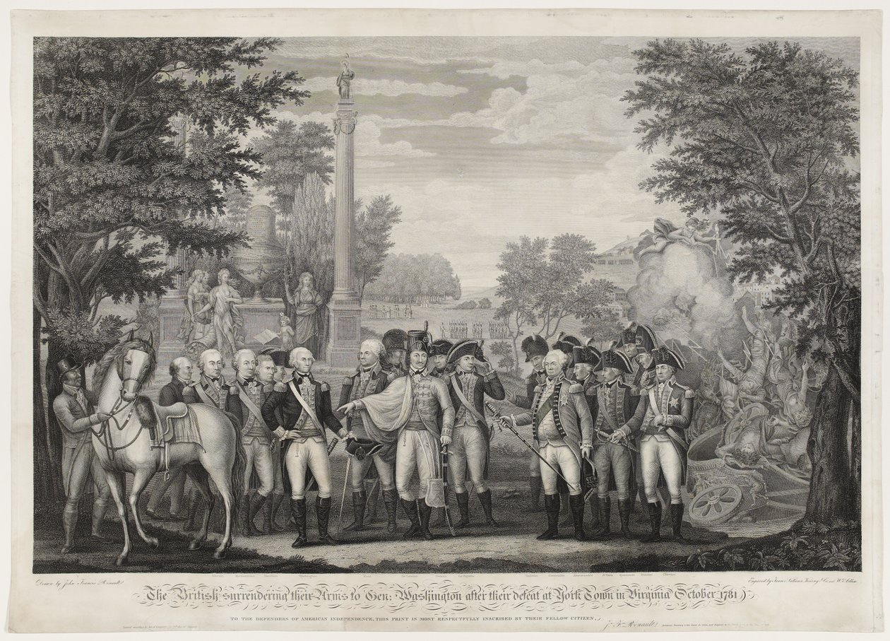 Os britânicos entregando suas armas ao Gen: Washington após a derrota em York Town, na Virgínia, em outubro de 1781. de John Francis (after) Renault