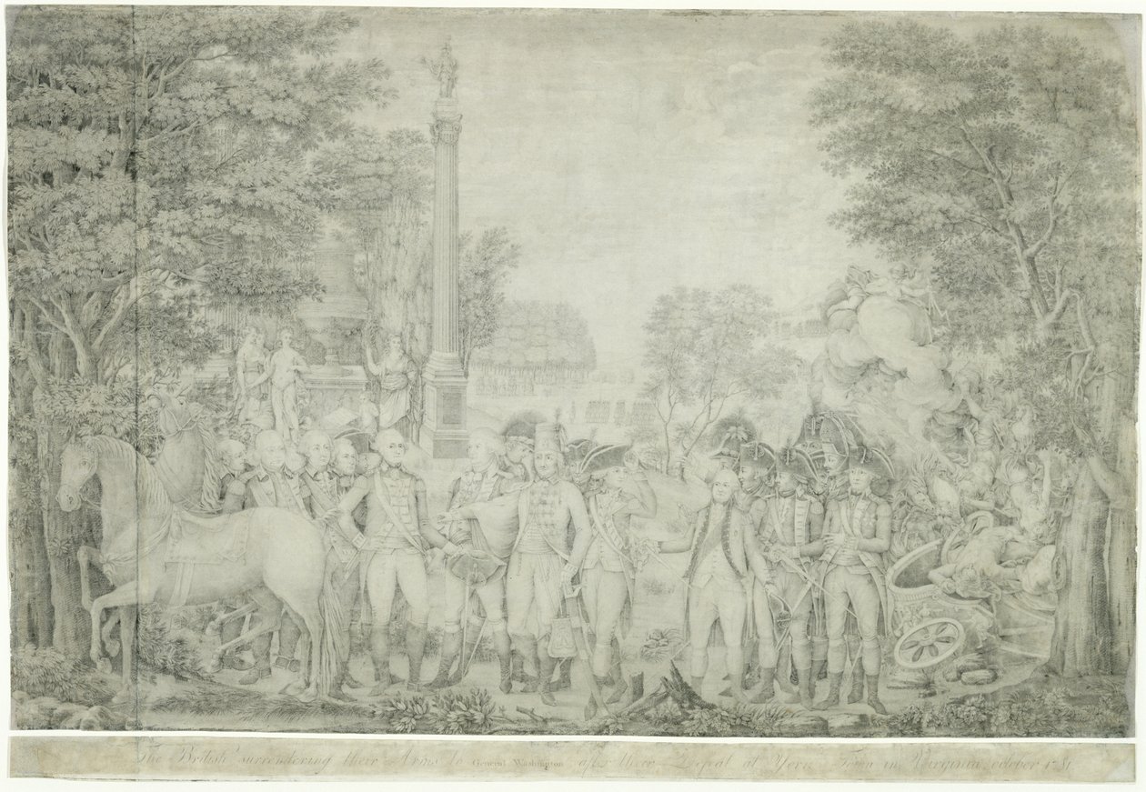 Os britânicos entregam suas armas ao general Washington após sua derrota em Yorktown, na Virgínia, outubro de 1781, 1810-1815 de John Francis Renault